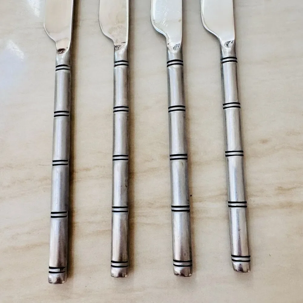 4pc Pier 1 Steak Knife 9” 18/8 Stainless Serrated Satin Ribbed/Bamboo Handle